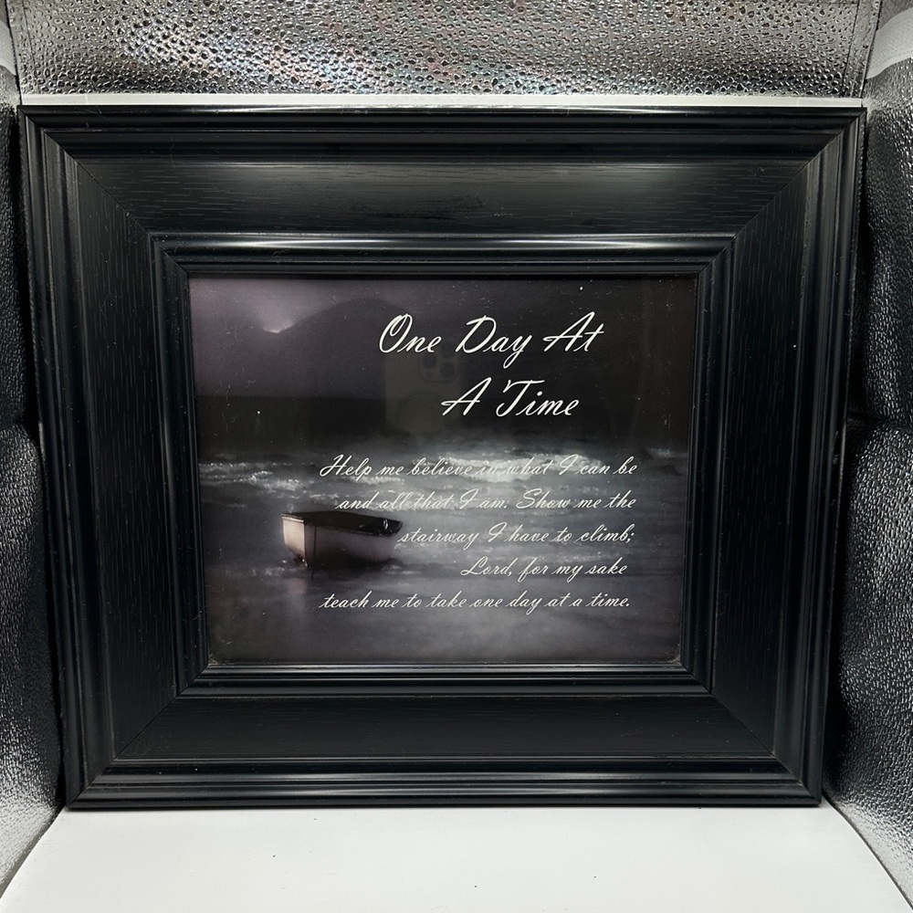 Black Wood Framed Wall Art with a poem that says "One Day At A Time".